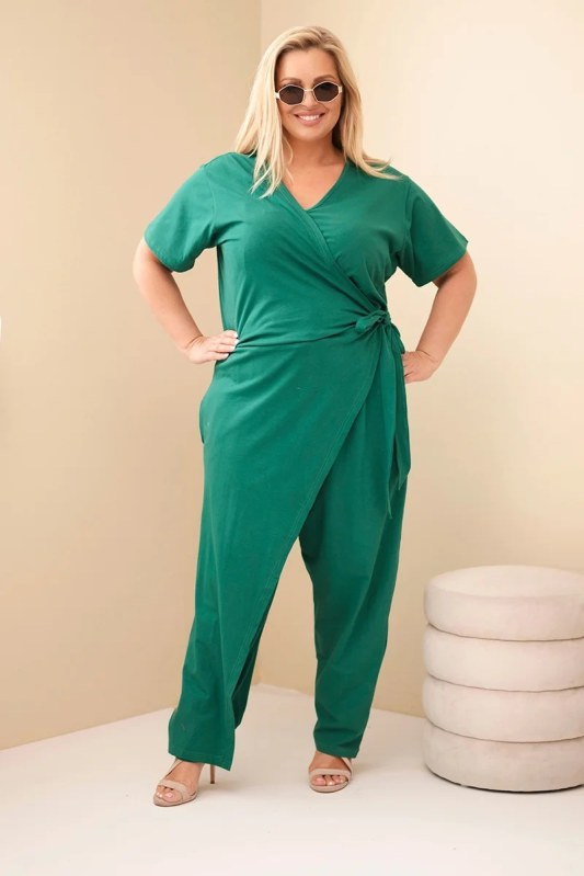 Dámský bavlněný overal Plus Size se zavazováním v pase zelený