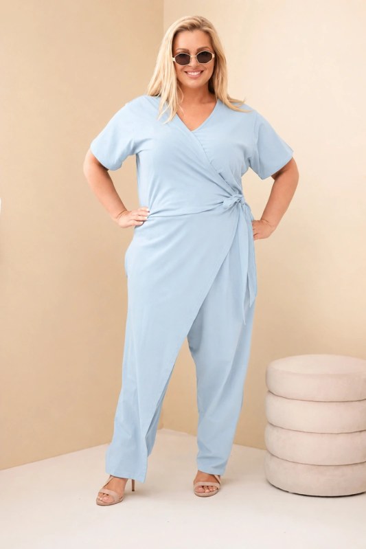 Dámský bavlněný overal Plus Size se zavazováním v pase modrý