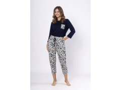 Dámské pyžamo WICTORIA 1664 Tmavě modrá s&nbsp;béžovou - LEVEZA