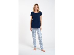 Glamour dámské pyžamo, krátký rukáv, dlouhé kalhoty - tmavě modrá/potisk 6586067