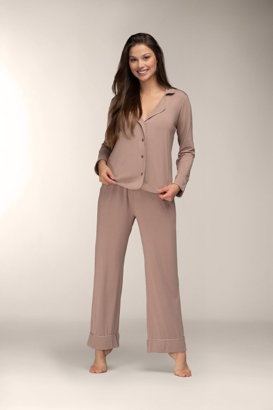 Pyžamo Mademoiselle Sommeil CC0153 Mocca Ease long/r S-XL pruhované - Dámské oblečení pyžama