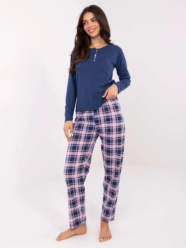 Dámské bavlněné pyžamo s&nbsp;kostkovanými kalhotami Goodlookin námořnická modř/růžová (004) - Dámské oblečení pyžama