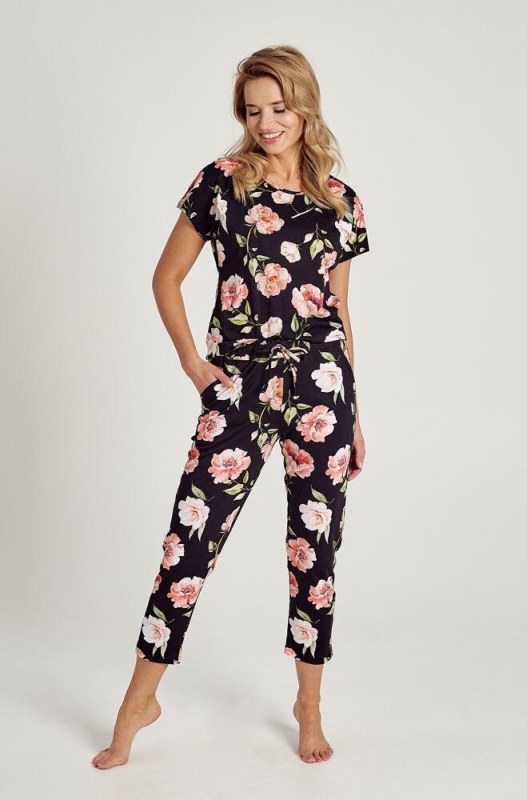 Dámské pyžamo Peony černé s květy - Dámské oblečení pyžama
