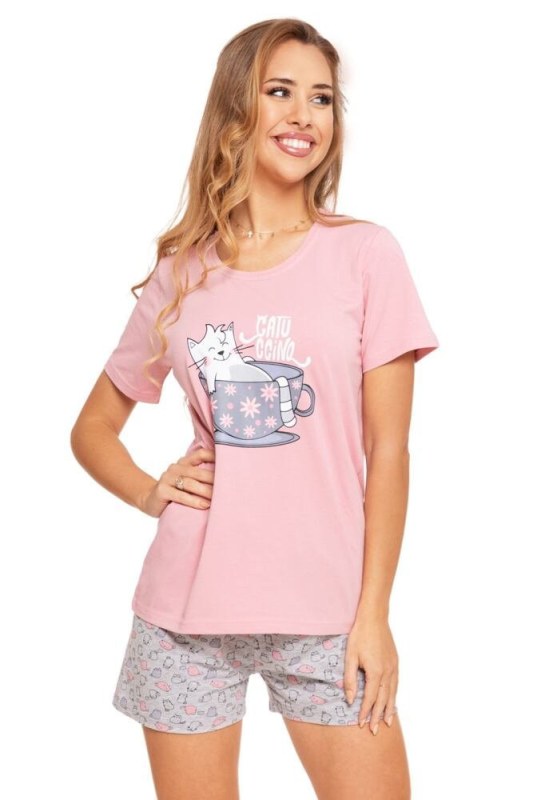 Dámské pyžamo Catuccino růžové s kočkou - Dámské oblečení pyžama
