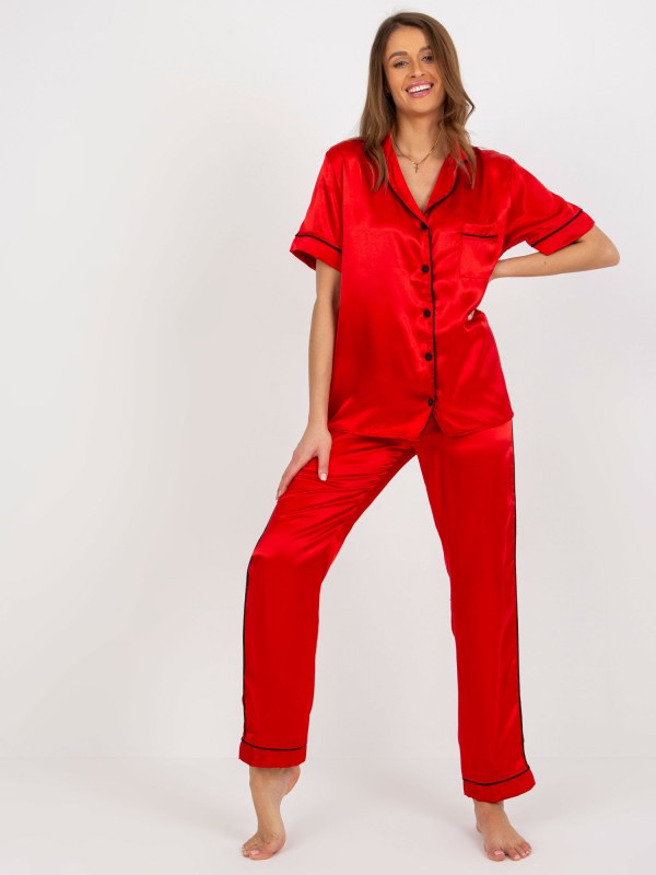 Červené dámské saténové pyžamo s košilí a kalhotami - Dámské oblečení pyžama