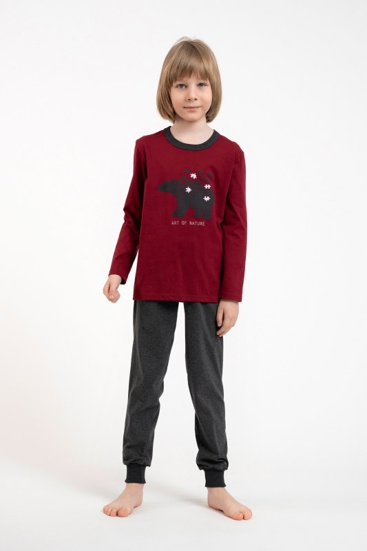 Chlapecké pyžamo Morten, dlouhý rukáv, dlouhé kalhoty - vínová/tmavá melanž - Dámské oblečení pyžama