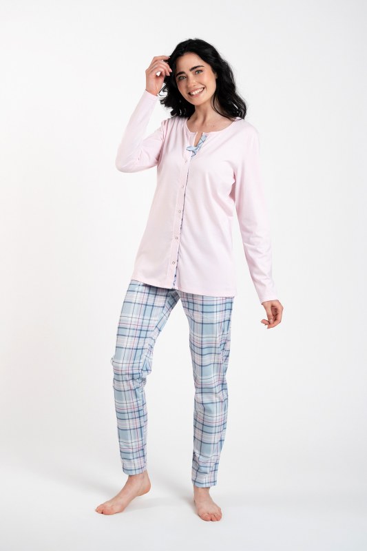 Dámské pyžamo Emilly, dlouhý rukáv, dlouhé kalhoty - růžová/potisk - Dámské oblečení pyžama