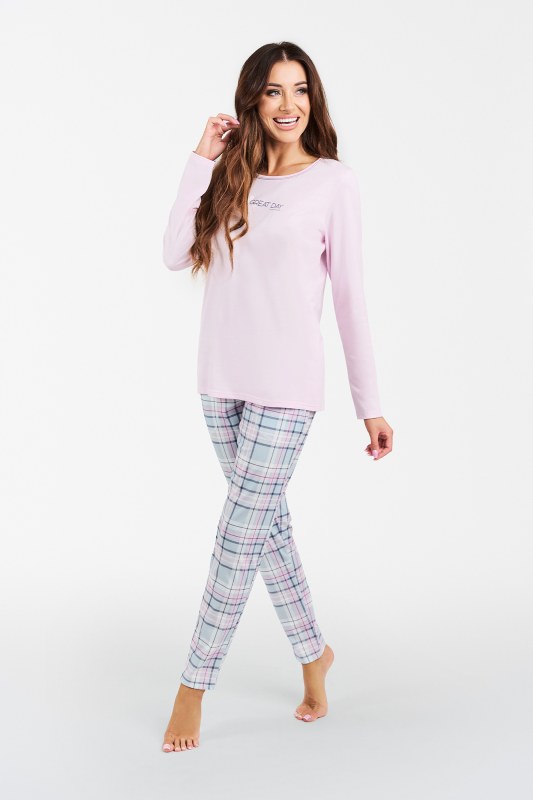 Glamour dámské pyžamo, dlouhý rukáv, dlouhé kalhoty - růžová/potisk - Dámské oblečení pyžama