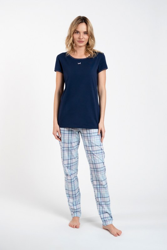 Glamour dámské pyžamo, krátký rukáv, dlouhé kalhoty - tmavě modrá/potisk - Dámské oblečení pyžama