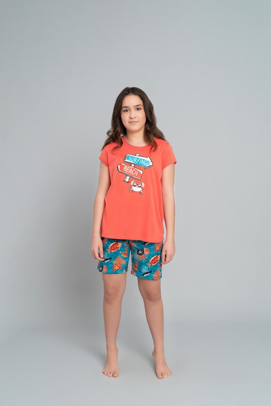 Dívčí pyžamo Oceania, krátký rukáv, krátké nohavice - korál/potisk - Dámské oblečení pyžama