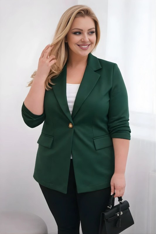 Dámské sako z viskózy Plus Size s dlouhým rukávem a límcem tmavě zelené