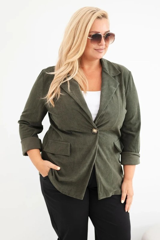 Dámské sako Plus Size manšestrové s klopami a kapsami khaki