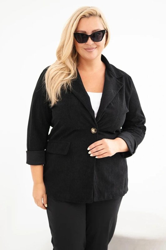 Dámské sako Plus Size manšestrové s klopami a kapsami černá