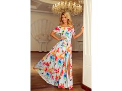 Dlouhé dámské šaty se vzorem barevných malovaných květů a s výstřihem ve španělském stylu model 6059209