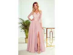 AMBER - Elegantní dlouhé krajkové dámské šaty v pudrově růžové barvě s dekoltem 309-4