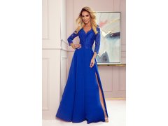 AMBER - Elegantní dlouhé krajkové dámské šaty v chrpové barvě s dekoltem 309-2