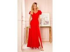 LIDIA - Dlouhé červené dámské šaty s volánky a dekoltem 310-2