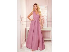 JUSTINE - Dlouhé dámské šaty v pudrově růžové barvě s brokátem, s výstřihem a zavazováním 362-1