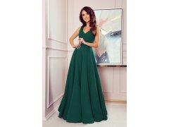 CINDY - Dlouhé dámské šaty v lahvově zelené barvě s výstřihem 246-4