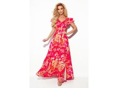 LIDIA - Růžové květované dlouhé dámské šaty s výstřihem a volánky 310-4