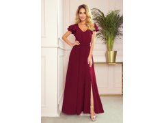 LIDIA - Dlouhé dámské šaty ve vínové bordó barvě s výstřihem a volánky 310-5