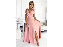 ELENA - Dlouhé dámské šaty ve špinavě růžové barvě s výstřihem a zavazováním na ramenou 405-3