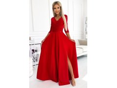 AMBER - Elegantní červené dlouhé dámské krajkové šaty s výstřihem a rozparkem na noze 309-8