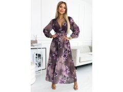 Dlouhé dámské plisované šifonové šaty s výstřihem, dlouhými rukávy, širokým opaskem a se vzorem velkých fialových květů 520-1