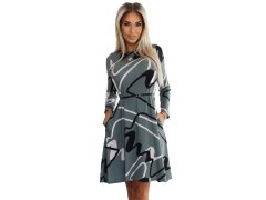 576-1 Svetrové trapézové šaty s&nbsp;páskem - OLIVE v&nbsp;černo-béžovém vzoru