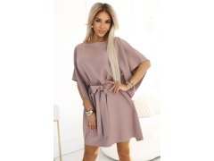 287-37 SOFIA Motýlí šaty se zavazováním v&nbsp;pase - MOCHA MOUSSE
