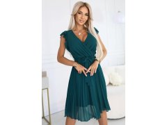 374-8 POLINA Plisované šaty s&nbsp;výstřihem a&nbsp;volánky - ZELENÉ