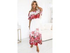 606-1 Dlouhé letní šaty - květinový červený ombre vzor