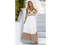 612-1 Dlouhé béžovo-bílé šaty bez ramínek s&nbsp;háčkovaným vrškem - boho