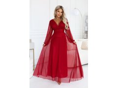 684-1 NERISSA – elegantní tylová maxi šaty s výstřihem do V – světle vínová