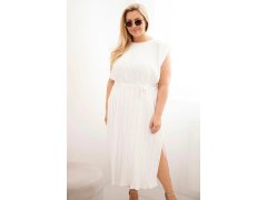 Dámské šaty Plus Size viskózové plisované s vázáním ecru