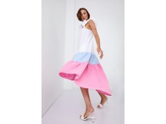 Letní šaty na ramínka s delším zadním dílem v modré a růžové barvě