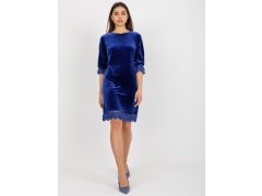 Kobaltově modré velurové koktejlové šaty s 3/4 rukávy