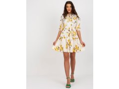 Béžové a žluté dámské květinové šaty s páskem