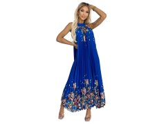Plisované saténové maxi šaty Numoco ESTER - modré s květy