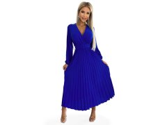 Plisované midi šaty s výstřihem, dlouhými rukávy a širokým páskem Numoco VIVIANA - chrpově modré