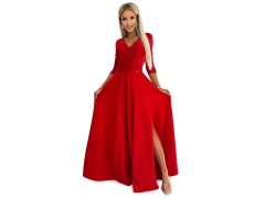 Elegantní krajkové dlouhé šaty s výstřihem a rozparkem Numoco AMBER - červené