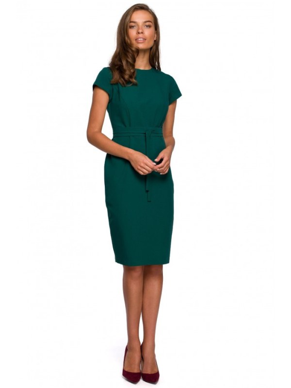 Dámské tužkové šaty s páskem na zavázání S239 Tmavě zelená - Stylove - Dámské oblečení šaty