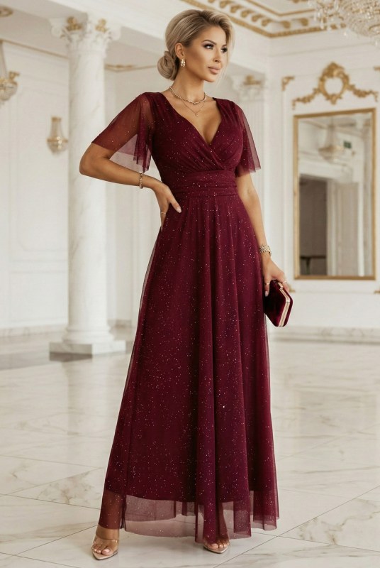 Dlouhé lesklé šaty 635-5 MELANIA vínové - Numoco