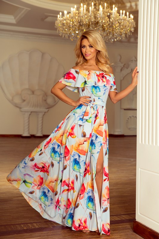 Dlouhé dámské šaty se vzorem barevných malovaných květů a s výstřihem ve španělském stylu model 6059209 - Dámské oblečení šaty
