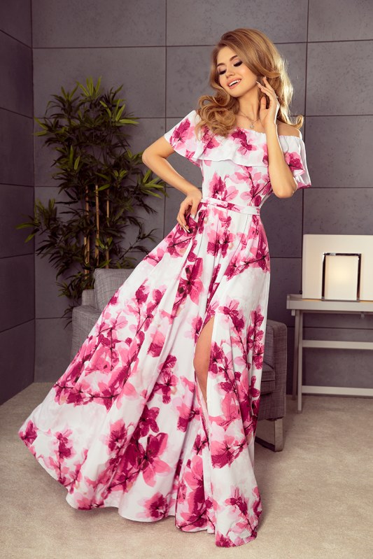 Dlouhé dámské šaty s velkými růžovými květy a španělským výstřihem model 6059216 - Dámské oblečení šaty