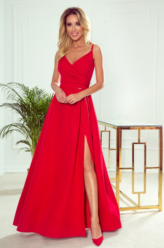 CHIARA - Elegantní červené dámské maxi šaty na ramínkách 299-1 - Dámské oblečení šaty