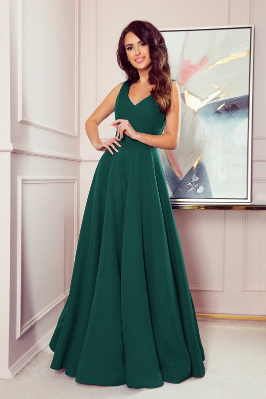 CINDY - Dlouhé dámské šaty v lahvově zelené barvě s výstřihem 246-4 - Dámské oblečení šaty