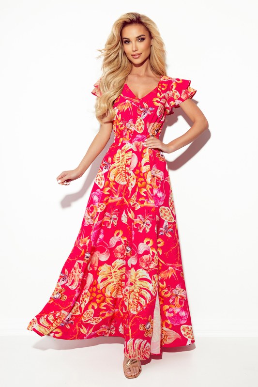 LIDIA - Růžové květované dlouhé dámské šaty s výstřihem a volánky 310-4 - Dámské oblečení šaty