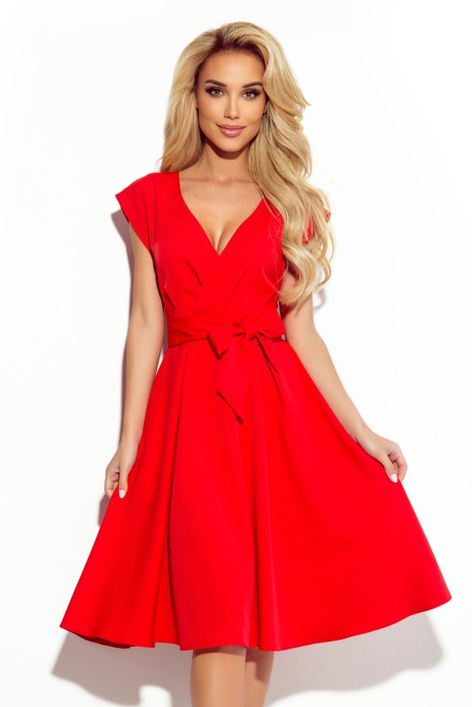 SCARLET - Červené rozšířené dámské šaty s přeloženým obálkovým výstřihem 348-4 - Dámské oblečení šaty