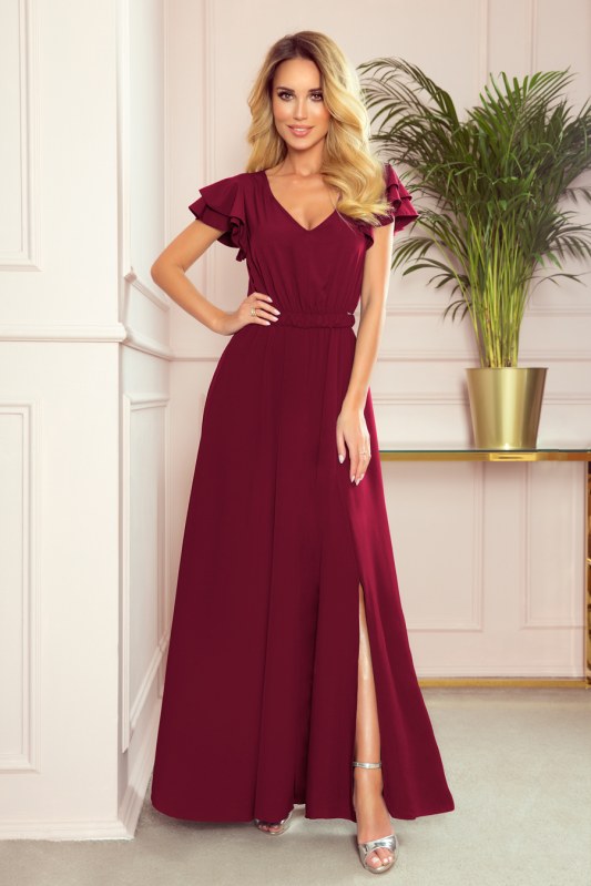 LIDIA - Dlouhé dámské šaty ve vínové bordó barvě s výstřihem a volánky 310-5 - Dámské oblečení šaty